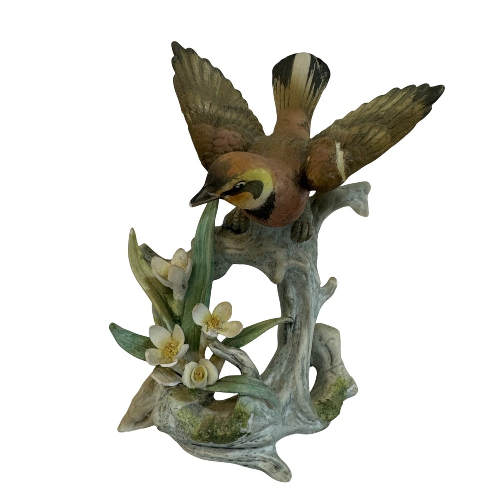 Vintage Ceramic Bird Figurine Perched on Branch with Flowers KW440